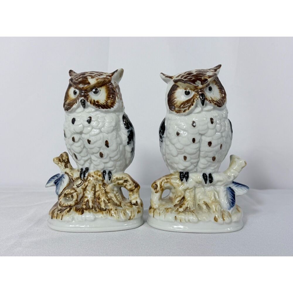 Vtg Ceramic Glazed Owl Pair Snow 6" Japan Decor Mid Century Enesco Kitschy